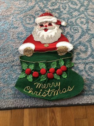 Vintage Kitsch Handmade Sequin/felt Santa Christmas Card Holder