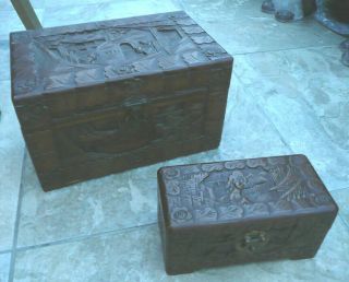 Lovely Vintage Chinese Carved Camphor Wood Chests