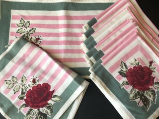 Vintage Textiles Placemat Napkins Runner Roses Set Pink Green Stripe