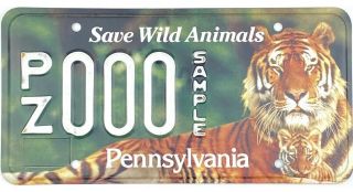 Pennsylvania Save Wild Animals Tiger Sample License Plate