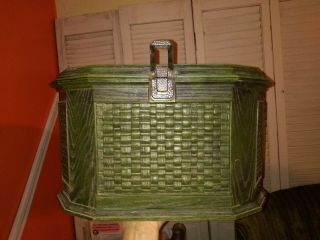 Vintage Lerner Sewing Basket Box Chest Plastic Faux Weave Wicker & Insert