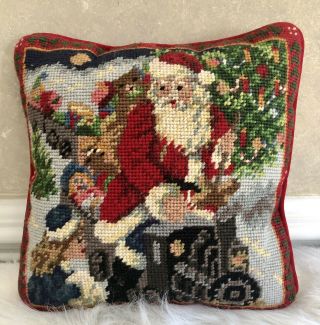 Vintage Small Needlepoint Throw Pillow Santa Train Red Velvet Back 10” Square