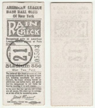 1918 York Yankees Ticket Stub/rain Check,  Game No.  21
