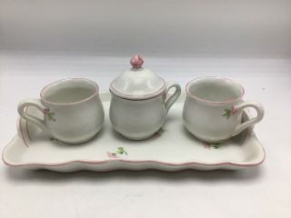 Ceramic Tea Party Set White Pink Floral Blue Butterfly Tray Cups Italy Vintage