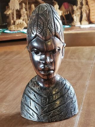 Vintage Hand Carved Wooden African Tribal Head Bust Sculpture