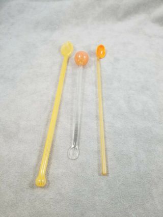 Vintage Blown Art Glass Swizzle Sticks Cocktail Sitting Straw Spoon 3 Orange