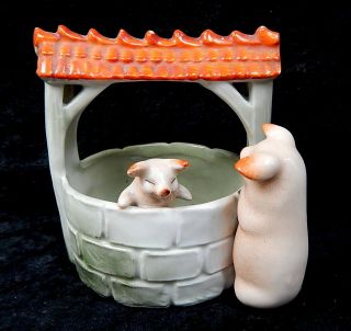 Antique German Bisque Porcelain Pink Pig Fairing Wishing Well Figure Planter