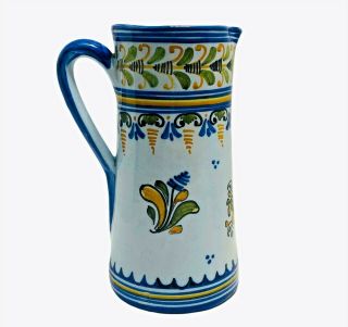 Vintage Spanish Hand Painted Pottery Pitcher Ceramic Blue Green Yellow