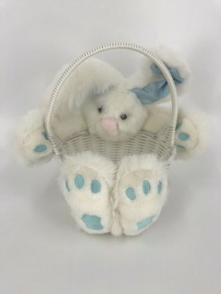 Vintage Easter Basket White Wicker Plush Bunny White Blue
