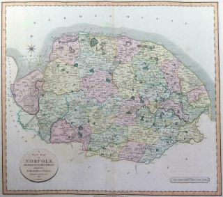 1801 - Large Antique Map Of Norfolk By Cary With Colour (lm5)