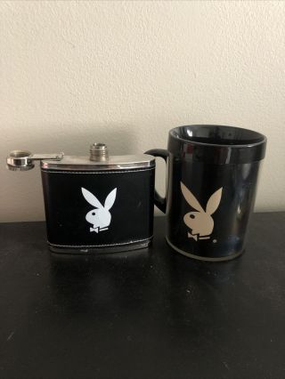 Playboy Flask Faux Leather Playboy Bunny Logo Thermo - Serv Mug Coffee Vintage