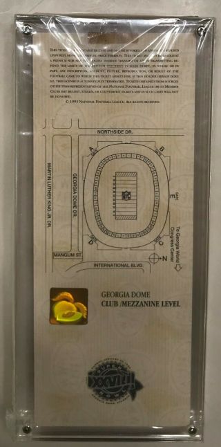1994 Bowl XXVIII Full Club ticket (Purple variation),  acrylic display case 2