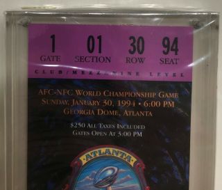 1994 Bowl XXVIII Full Club ticket (Purple variation),  acrylic display case 3