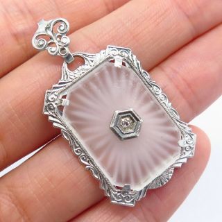 Antique Art Deco 925 Sterling Silver Rhinestone Camphor Frosted Glass Pendant