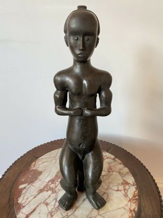 Bronze Sculpture Man Sitting On A Stool Signed Bosice One Of Pair Tribal