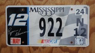 2007 Mississippi Nascar Racing License Plate 12 - Ryan Newman