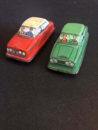 2 Vintage Tin Toy Litho Wind Up Cars Car Unbranded Red Green Christmas