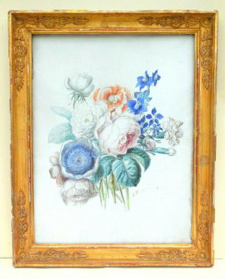 Antique French 2nd Empire Botanical Floral Painting Signed Label Framed C1850