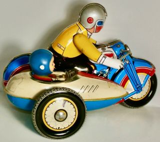 Vintage Clockwork Tin Litho Motorcycle With Sidecar Made In China Circa 1960s