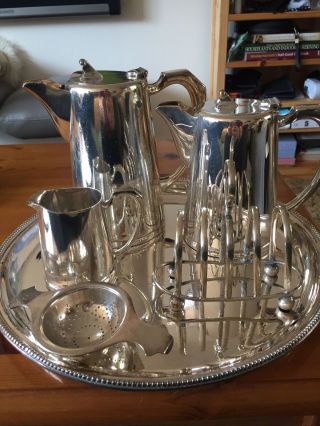 Mappin & Webb Art Deco Silver Plated Tea/coffee Set With Milk Jug & Tray
