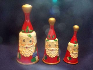 Set Of 3 Vintage Wooden Santa Christmas Wood Bells - By Enesco