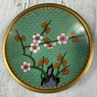Vintage Small Cloisonne Floral Plate Light Green,  Pink And Red Made In China 4 "