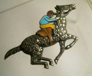 Small Vintage Detailed Sterling Silver Marcasite Enamel Jockey Riding Horse Pin