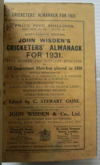 Wisden Cricketers Almanack 1931 Rebound