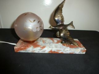 French Art Deco Spelter & Marble Flying Seagull On Wave Mood Lamp