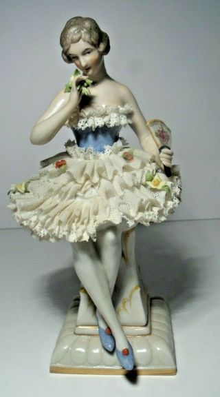 Dresden Lace Figurine,  Woman With Fan & Flower,  Sandizell,  8 Inches