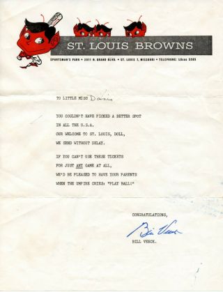 1952 St.  Louis Browns Letter On Letterhead With Two Passes To Game
