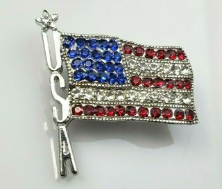 Vintage Usa American Flag Brooch Pin Red White Clear Rhinestones Silver Tone