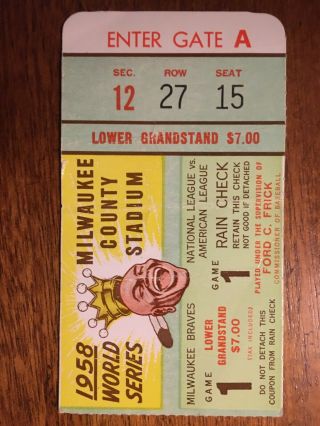 1958 World Series Ticket Stub Game 1/braves Over Yankees/mantle/berra/spahn