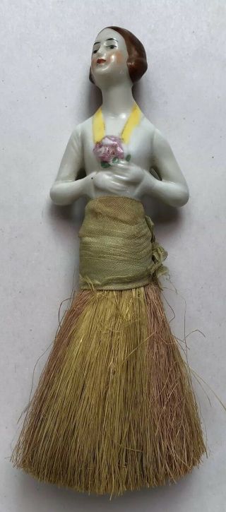 Vintage Porcelain Half Doll Figurine Brush Broom Art Deco Holding Floral Bouquet