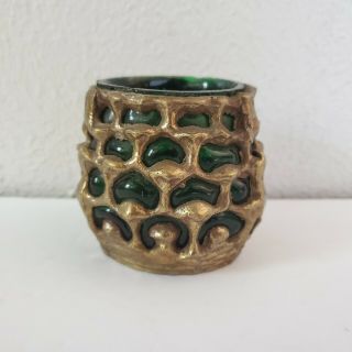 Vintage Brass Candle Holder Green Glass Made In India Mood Lighting Drip Boho 3 "
