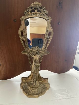 Vintage Art Nouveau Brass Mirror And Lady