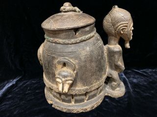 Antique African Art Hand Carved Wood Covered Jar Figure & Masks Metal Bottom 10”