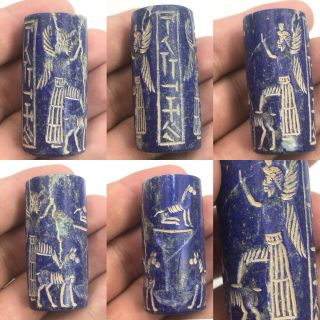 Ancient Sassanian Old Lapis Lazuli Winged Kings Inscription Cylinder Seal Bead