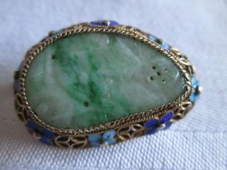 Vintage Chinese Carved Jade Enamel Gold Gilt Silver Brooch Pin