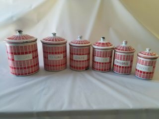 Antique 5 Piece B B Depose French Enamel Canister Set Red Quilted Squars