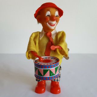 Vintage Circus Clown Mechanical Wind Up Plastic & Rubber Toy Playing Tin Drum