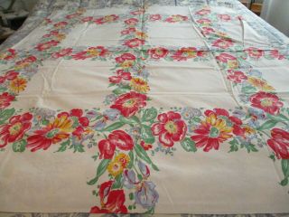 Vintage Spring Floral Tablecloth Iris Tulip Daisy Poppy 46x56 "