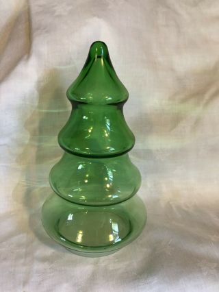 Vtg Green Glass Christmas Tree Jar Apothecary Candy Cookie Treat Canister 7.  5”