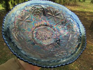 Fenton Water Lily Antique Carnival Art Glass Ftd Flared Master Bowl Blue Scarce