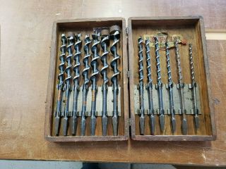 Antique Irwin Bluwin Auger 13 Drill Bit Set In Wooden Box - Bit And Brace
