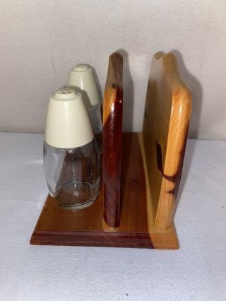 Vtg Mid - Century Wood Napkin Holder Jesus Litho GEMCO glass Salt & Pepper Set 2