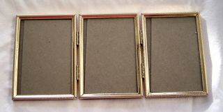 Vintage Tri Fold Double Hinged Picture Frame Gold Tone Metal Holds 4 1/4 X 3 1/4