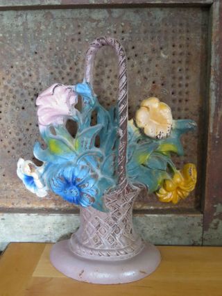 Antique Hubley Cast Iron Flowers In A Basket Doorstop Bright Paint