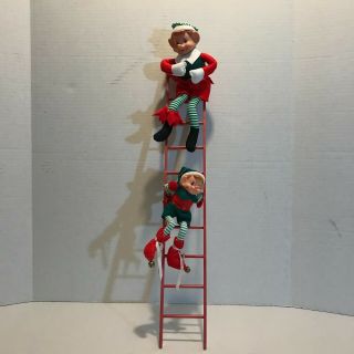 Vintage 10 " And 8 " Elves Elf Dolls On A 24 " Ladder Christmas Decor