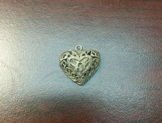 Vtg Sterling Silver Scroll Open Work 2 Sides Puffy Heart Charm Pendant